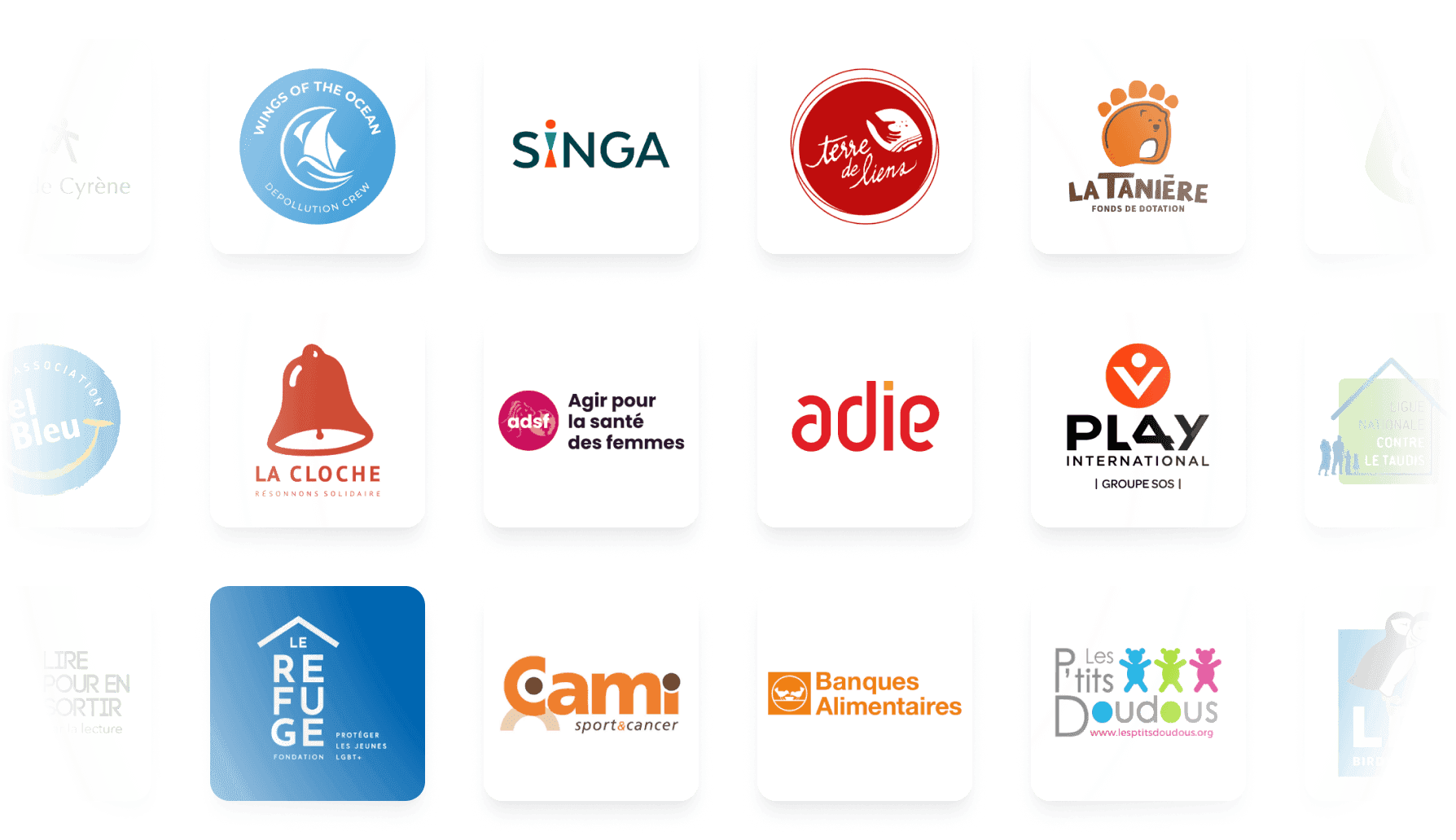 Une grille de logos d’associations partenaires de Charitips