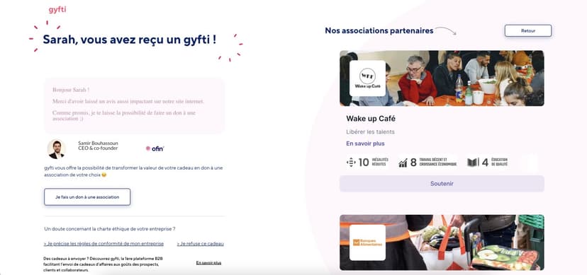 Capture d’écran d’un exemple d’utilisation du don dans Gyfti